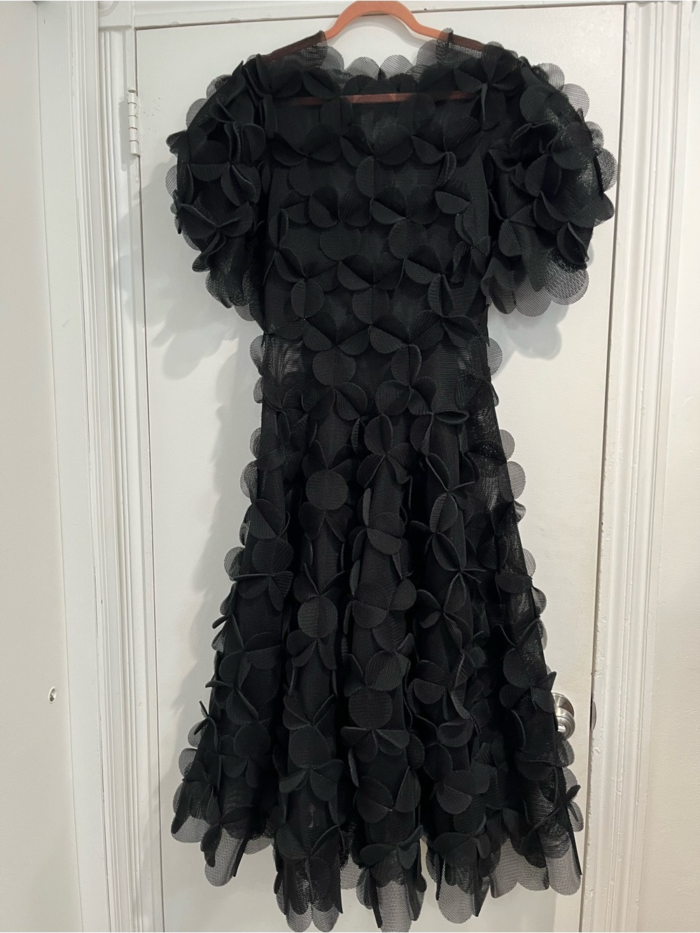 PASKAL Black Laser Cut Floral Appliqué Textured Puff-Sleeve Midi Dress Sz. M - Picture 3 of 11